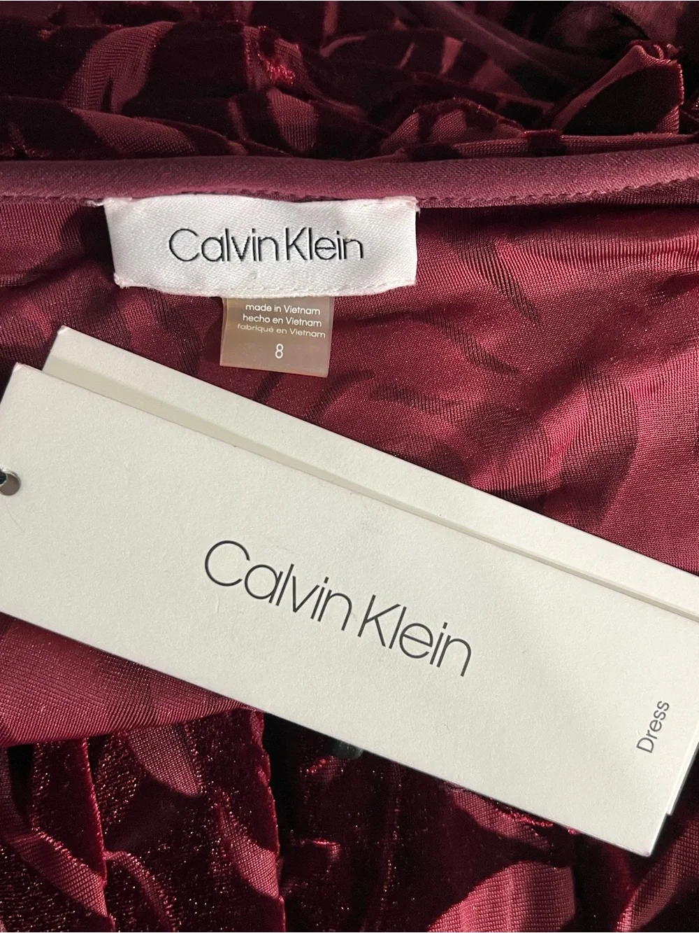 Calvin Klein dress size 8 deep Wine Red Floral Velvet Faux-Wrap tie-waist